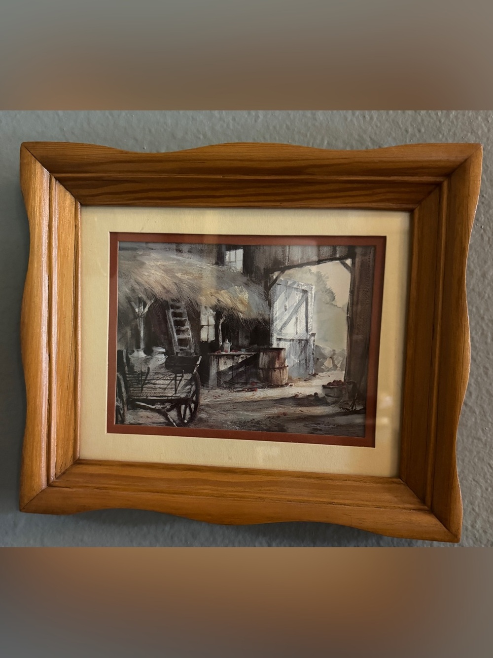🤎 VINTAGE Scalloped Wood Framed Barn Print 🌾